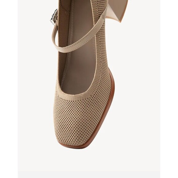 🆕Women Cream Mid Block Heel Buckle Strap Pumps Comfortable Square Toe Shoes - Picture 3 of 5